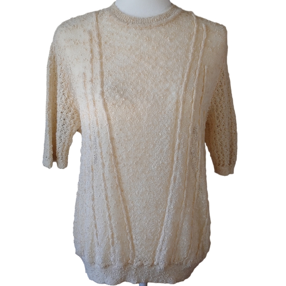 Zara Vintage Look Pointelle Knit Short Sleeve Sweater in Cream size XL